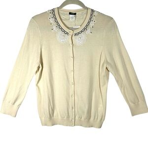 J. Crew NWT Cream Beaded Collar 3/4 Length Sleeves Cardigan Sweater Size Large